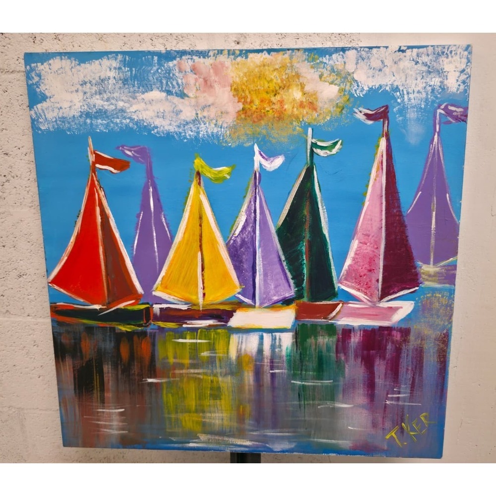 Original Acrylic Sailboat Painting on Canvas | Colorful Nautical Wall Art Signed